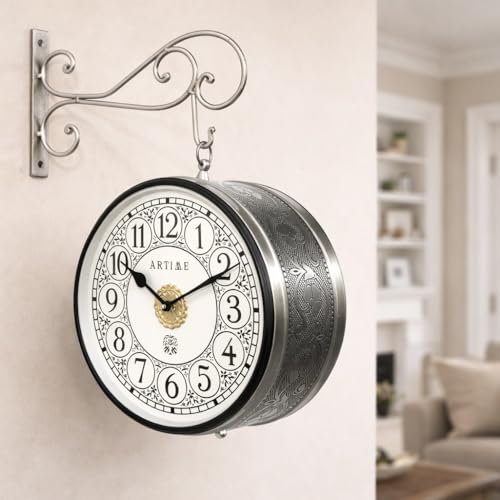 Image of Handcrafted Double Side Metal Analog Vintage Wall Clock | 1.5 Year Machine Warranty | 10 INCHES | 1 Side Number 1 Side Roman,Color Silver