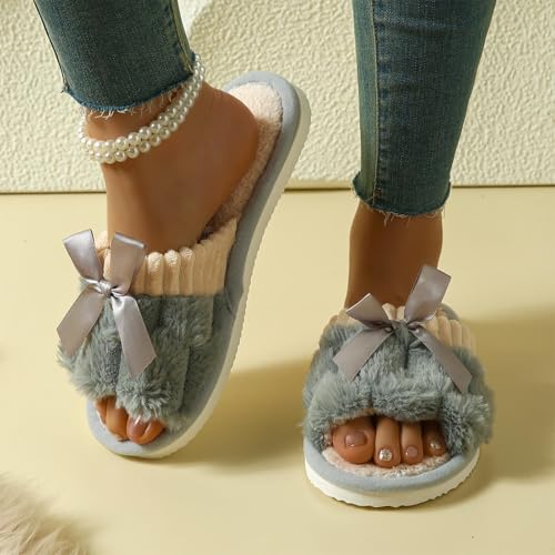 Cute Slipper for Women Colorblock Bow Embellished Lounging Slide Casual Fleece Lining Sandal Lightweight Flat Shoe3