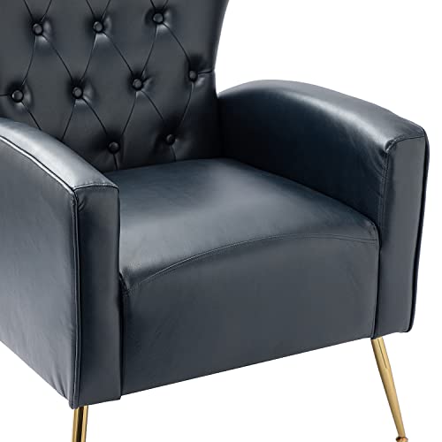 Tina's Home Modern Wingback Faux Leather Accent Chairs Set Of 2, Button Tufted Comfy Armchairs With Gold Legs, Upholstered Sofa Chairs For Bedroom Living Room, Navy #TOP6