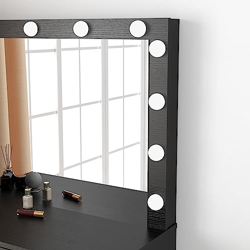 Image of Panana Vanity Desk with Mirror and Lights, Black, Medium Size, Tabletop Mount, Makeup Vanity Table with Stool, Bedroom