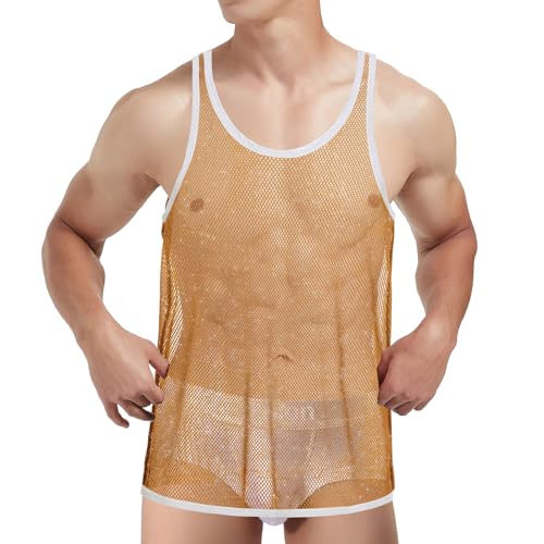 Mens Sparkly Fishnet Tank Top Mesh Undershirt See Through Sleeveless Undershirt
