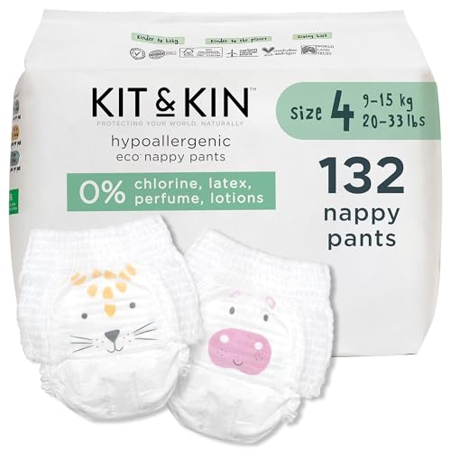 Kit & Kin Pantalones de pañales ecológicos, talla 4, con tirantes, hipoalergénicos y sostenibles, veganos y sin cloro, altamente absorbentes, 6 paquetes, 132 pantalones