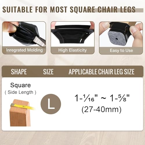 Image of Chair Leg Floor Protectors Square Chair Leg Protectors for Hardwood Floors 40Pcs Silicone Covers to Protect Floors Square (Black-L Fit 1.02 inch-1.5 inch)