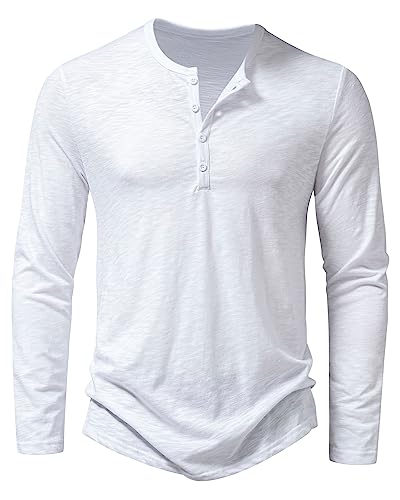 Men's Casual Grandad Collar Henley T Shirt Muscle Fit Summer Smart Long Sleeve 4 Buttons Tee Slim Fitted Collarless Polo T-Shirts Tops-Z-White-M