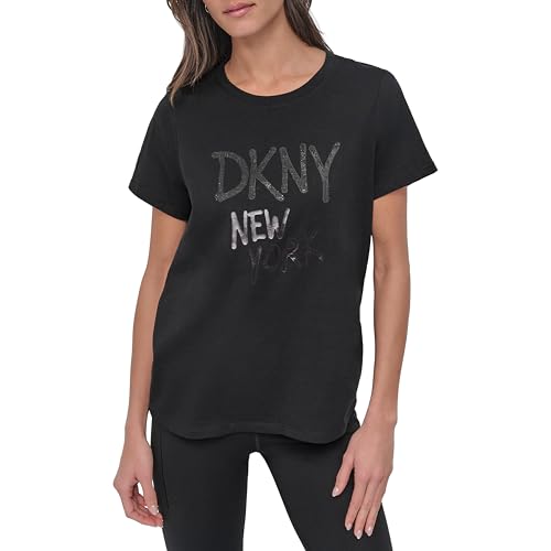 DKNY Damen Rhinestone Graffiti Short Sleeve Relaxed Fit Crew Neck Tee T-Shirt, Schwarz, M EU