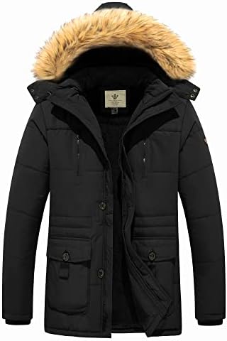 WenVen Men's Winter Coat Bubble Parka Jacket with Fur Removable Hood (Black, L)