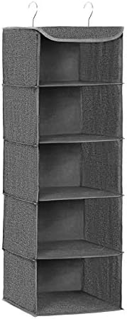 SONGMICS Hanging Storage Shelves, Wardrobe Clothes Organiser, Space Saving and Foldable, Metal Hooks and Bamboo Inserts, Linen Pattern, Grey RYCH06G