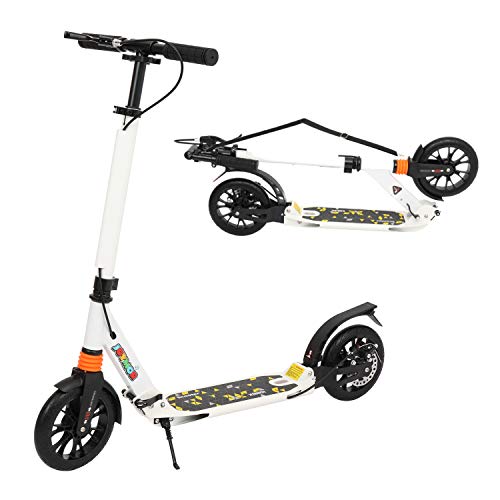 JOYMOR Foldable Kick Scooter for Adults Kids Children, Dual Brake 2 Big Wheel City Street Scooter Height Adjustable, Portable with Shoulder Strap, 220lbs Max Load (White)