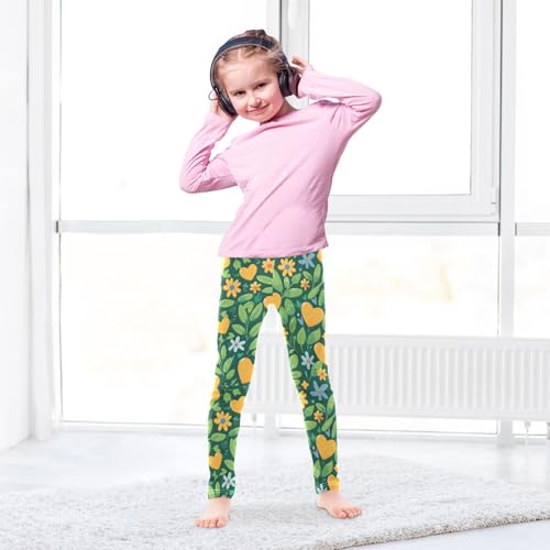 Daisy Floral Love Heart Print Girls Leggings Ultra Soft Compression Yoga Gym Pants for Kids 4-10T4