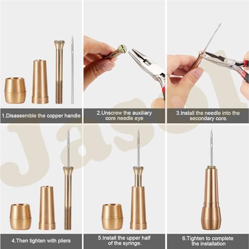 Image of Jasol 3-Piece Canvas Leather Sewing Awl Needle Set with Copper Handles and Metal Needles for Leather Crafting, Shoe Repair