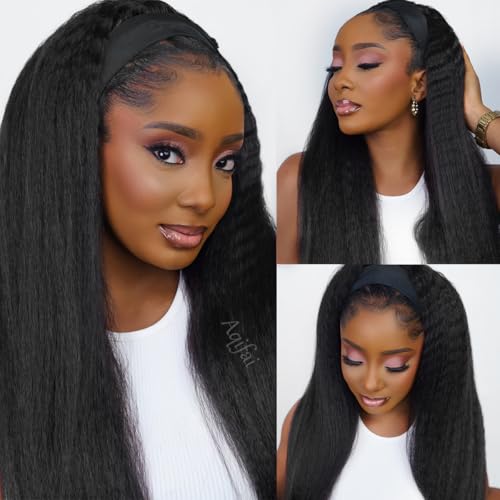 Image of Headband Wig Human Hair 12A Kinky Straight 14 Inch Yaki Straight Headband Wig 200% Density Glueless None Lace Front Wigs for Women Machine Made Wear and Go Wigs Headband Half Wigs Natural Color