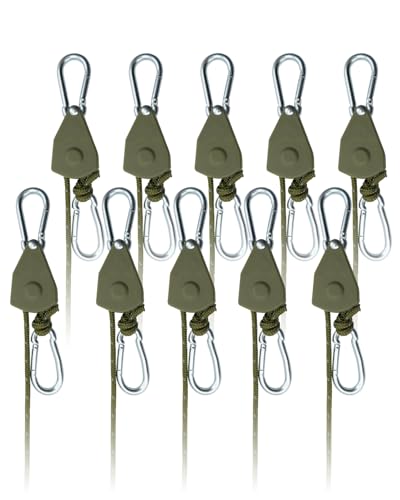 Image of 10 Pack 1 /8 inch Ratchet Tie Down Straps, 13 FT Longer, Adjustable Rope Hangers | Reinforced Metal Gear, Ratcheting Pulley System with 2 Carabiner Hooks for Hanging Plants, Grow Lights, Bulk Efficiency