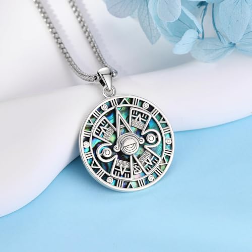 YAFEINI Aztec Mayan Calendar Necklace 925 Sterling Silver Abalone Shell/Turquoise/Obsidian Aztec Pendant Amulet Jewelry for Women Men2