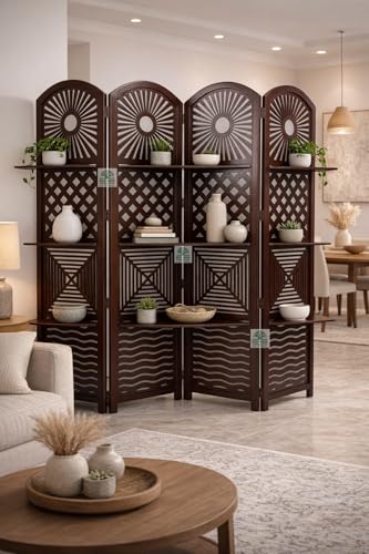 Image of Wooden Room Divider 6 Feet, 4-Panel Folding Wooden Partition for Living Room, Office, Pooja Room, Restaurant, Kitchen & Balcony (2W x 1.82H Meters). (Dark Brown)