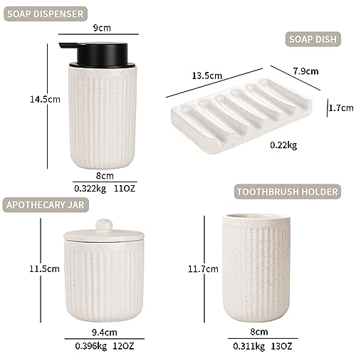 Image of BosilunLife Striped Beige Ceramic Bathroom Accessories Set of 4 | Bathroom Decor Sets Accessories Bathroom Lotion Soap Dispenser and Toothbrush Holder Set, Soap Dish, Apothecary Jars.(Liquid)