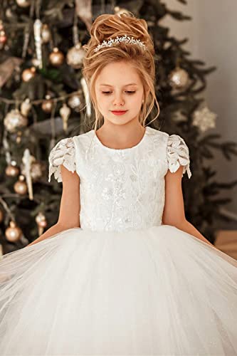Lace Appliques Flower Girl Dresses Tulle Communion Party Princess Wedding Pageant Ball Gown Dress with Bow4