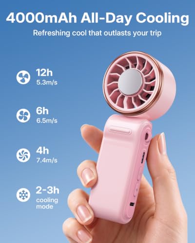SWEETFULL Mini Portable Fan with Ice Cooling, Lightweight Handheld Pocket Turbo Fan Rechargeable, 3 Speed, Foldable Personal Hand Fan for Travel, Beach Vacation, Women Girls (Pink) - image 5