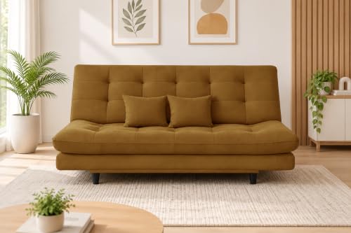 Image of 3-Seater Velvet Sofa Cum Bed | Tufted Convertible Sleeper Sofa | Plush Cushioned Seating | Space-Saving Design for Living Room, Bedroom & Office | Golden