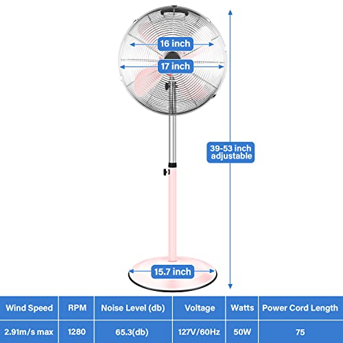 16 Inch High Velocity Stand Fan, Adjustable Heights, 75°Oscillating, Low Noise, Quality Made Fan With 3 Settings Speeds, Heavy Duty Metal For Industrial, Commercial, Residential, Color: Pink #TOP6