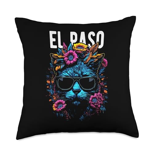City of El Paso Cat Wearing Sunglasses and Flowers Design Throw Pillow