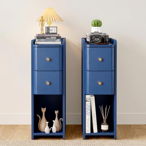 Image of Narrow Nightstand Set of 2, Wooden Small 2 Drawer Nightstand, Slim Side End Table, Skinny Bedside Table, Mid Century Modern Night Stand with Drawers for Bedroom (Blue-2 pcs)
