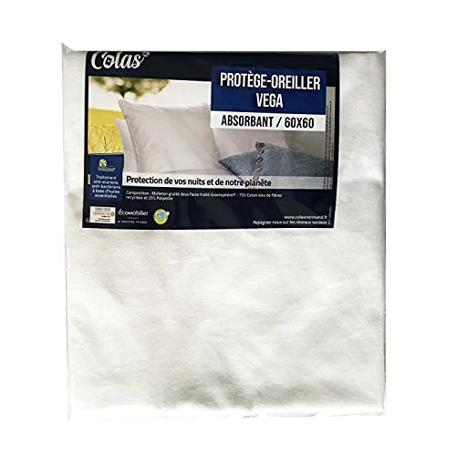 COLAS NORMAND - Protège oreiller absorbant antiacariens Vega molleton 60x60cm - Coton recyclé et polyester recyclé - Greensphère antiacariens et anti-bactériens -Souple et résistant - Fermeture éclair Cover