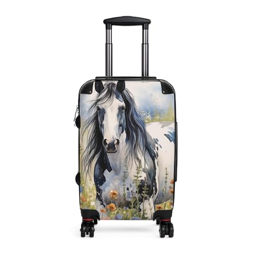 Hardside Suitcase with Horse Painting Print, Telescopic Handle, Removable Lining, Carry-On, Medium, and Large with Extension (Black & White Horse, Small (Carry-On))