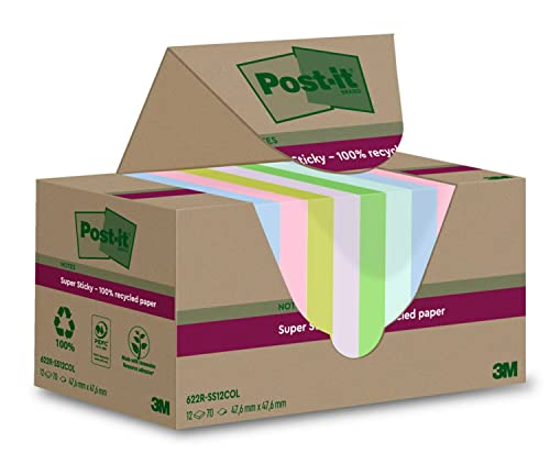 Post-it Super Sticky 100% Recycled Notes, Pack of 12 Pads, 70 Sheets per Pad, 47.6 mm x 47.6 mm, Pink, Green, Blue, Purple, Yellow - Extra Sticky Notes Made from 100% Recycled Paper- Assorted