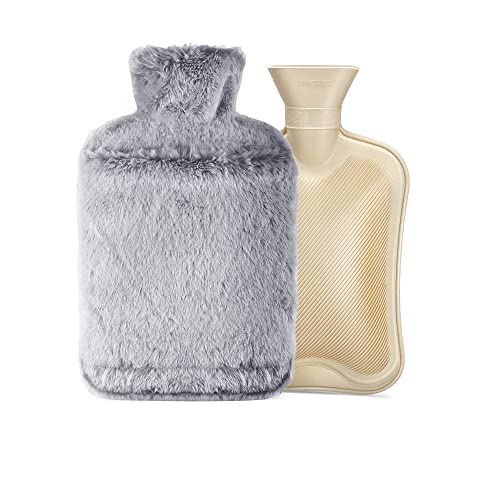Jooheli Bouillotte d'eau Chaude, Bouillotte Peluche 2L, Bouillotte Eau Chaude avec Housse en Peluche et Poche, Bouillotte en Caoutchouc pour Mains Épaules, Cadeau Chaud pour Enfants Adultes (Gris)