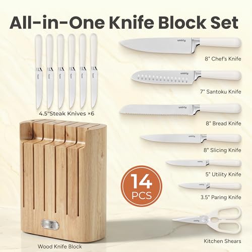 SMIRLY 14-Piece Kitchen Knife Set with Block, Razor-Sharp, Cream White - Image 2