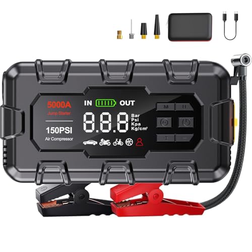 THEKUKU Jump Starter 5000A, Car Battery Jump Starter with Air Compressor for Up to 9.0L Gas and 8.0L Diesel Engine, 12V Jump Box with Display,PD 45W,LED Light, Jumper Cables, and Storage Case