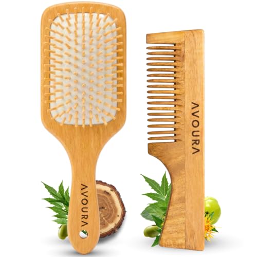 Image of Neem Wooden Hair Care Set (2-in-1), Soaked in 21+ Herbs Amla & Bhringraj Oils | Anti-Static Detangling, Reduces Dandruff, Frizz & Breakage(Wooden Hair Brush & Wide Tooth Comb)
