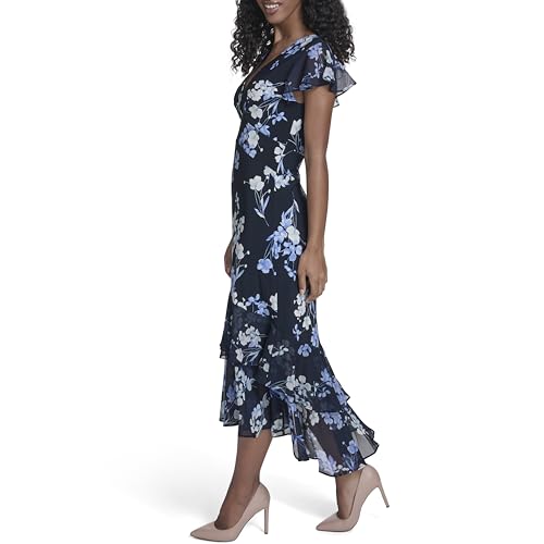 Image of Tommy Hilfiger Women's Flutter Sleeve V-Neck Ruffle Trim Hi-Lo Midi Dress