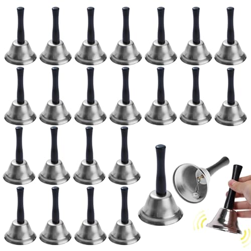 24 Pcs Hand Bells Steel Service Handbells Black Wooden Handle Diatonic Metal Bells Musical Percussion for Church Wedding Dinner Calling Decor (Silver)