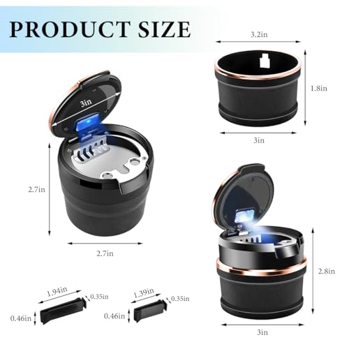 Image of Car Ashtray with Lid, Detachable Smokeless Steel Ash Tray with LED Light for Car Cup Holder Air Vent, Mini Portable Ashtray Universal for Most Vehicle Interior, Home, Office (Rose Golden)