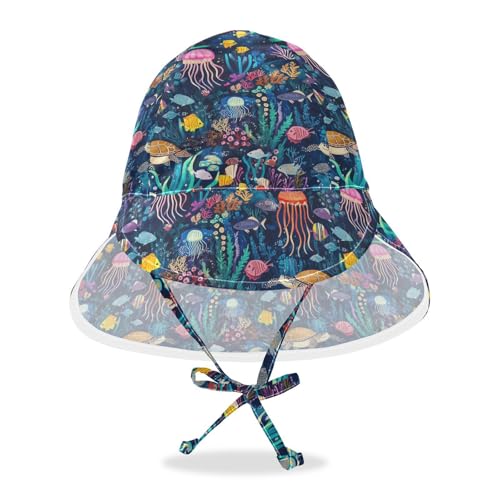 Toddler Boy Girl Beach Hats Baby Boys Beach Bucket Hat Baby Girls Sun Protection Large Brim Traveling Swim Hat Colorful Turtle Jellyfish