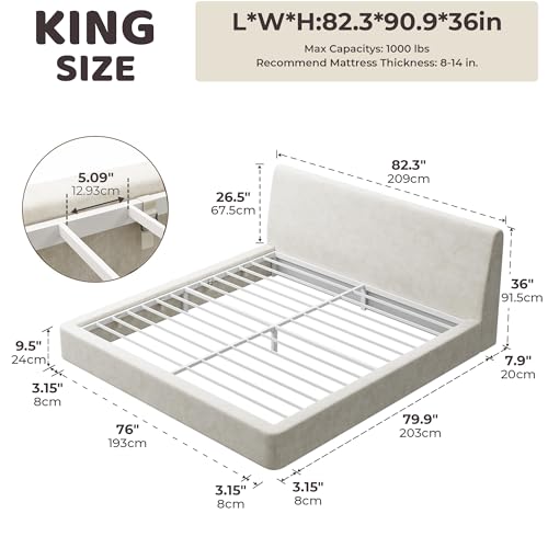 Image of RECCI AirFrame King Size Bed Frame with Ergonomic Angled Foam Cushioned Headboard, Minimalist Design Platform Bed Frame, No Box Spring Needed, Easy Assembly (Beige Chenille)