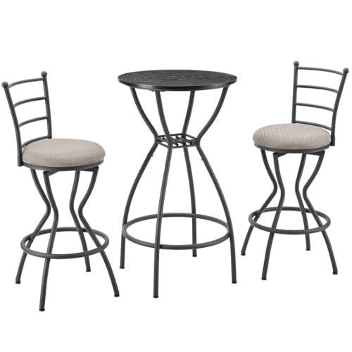 AMZOSS Bistro Dining Set 3 Piece, Modern Round Counter Height Pub Table with 2 Swivel Bar Stools, Metal Frame and Built-in Wine Rack, Space Saving Dining Set for Kitchen Breakfast, Living Room