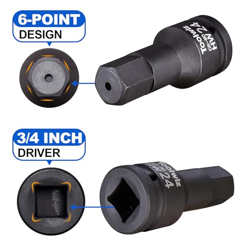 Image of Toolwiz 3 /4 Inch Drive Impact Hex Bit Set, 5-Piece Metric 14mm-24mm, Cr-Mo | One-Piece Construction, Impact Grade, Professional Automotive Impact Bit Socket Set, Heavy Duty PVC Storage Case