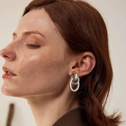 Image of SHERLOVE Trendy Silver Geometric Link Earrings for Women Chunky Statement Drop Dangle Earrings Lightweight Hypoallergenic Fashion Silver Jewelry
