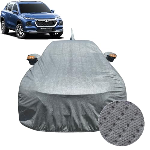 Image of Car Cover for Maruti Suzuki Grand Vitara (2022-2026) | 100% Waterproof Cover with Antenna & Reflective Mirror Pockets | Dustproof, Scratchproof, Heatproof Car Cover |Soft Cotton Lining| Grey