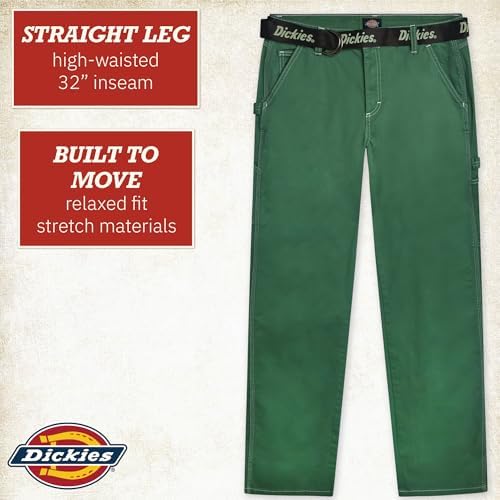 Dickies Womens Work Pants with Belt - Relaxed Fit Straight Leg High Waisted Carpenter Pants for Women with Utility Pockets, Dark Ivy, 32 - 2