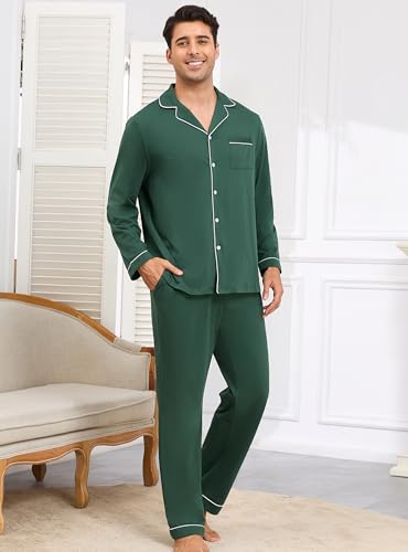 Veseacky Mens 100% Cotton Pajamas Set Long Sleeve Sleepwear Button Down Pjs Loungewear with Pockets2