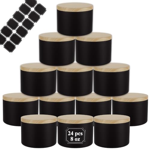 CYEAH 24 Pcs Matte Black Candle Jars with Bamboo Lids, 7 OZ Candle Tins for Making Candles, Empty Candle Containers, Candle Jars for Candle Making, Storage, and Gift