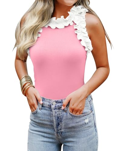 Image of WAYMAKER Women's Sleeveless Racer Back Ruffle Mock Turtle Neck Ribbed Bodysuit Tank Tops
