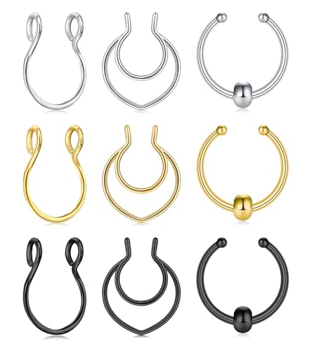MODRSA Fake Septum Nose Rings - Clip on Silver, Gold & Black for Halloween