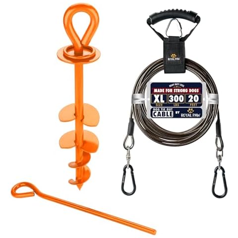 ROYAL PAW 20ft Dog Tie Out Cable and Stake for Large Dogs up to 300 lbs - Heavy Duty Dog Stakes for Outside (Black/Orange Bundle) Cover