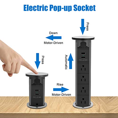 Cccei Counter Top Power Pop Up Power Center For Kitchen Island, Black Countertop Electric Pop Up Outlet With 4 Outlets And 2 Usb Ports, Brushed Stainless Steel Cap. #TOP4