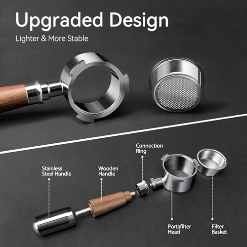 Miniatura 3 de Vinato Portafiltro Sin Fondo De 51 Mm Compatible Con Máquinas De Café Delonghi Ec680 Ec685 Ec885 Ec890, Mango De Madera De Nogal, 3 Orejas