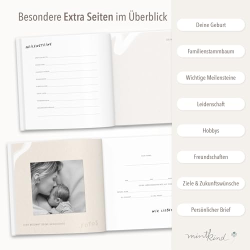 mintkind Erinnerungsbuch Baby bis 18 Jahre - Salbei Leinen, Geburtstagsbuch zum Eintragen, Geschenk zur Geburt für bleibende Erinnerungen